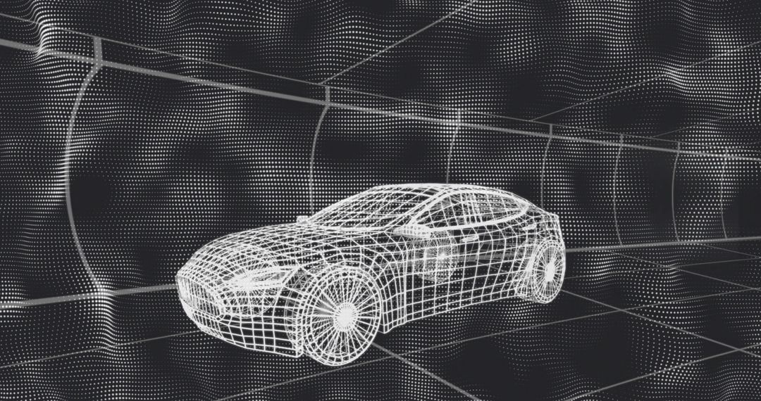 Futuristic 3D Wireframe Car Model in Virtual Grid Environment