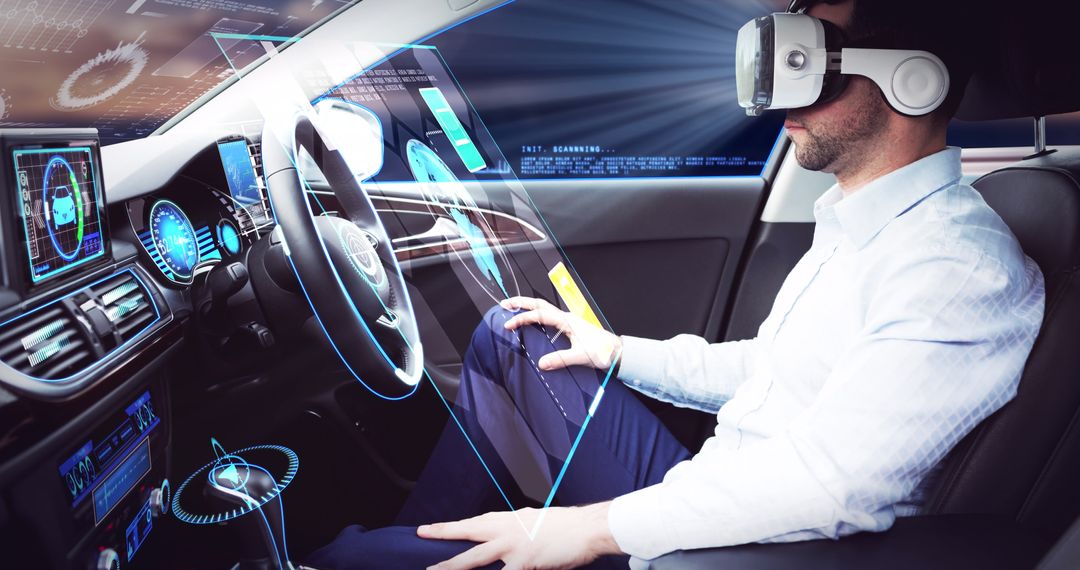 Businessman Wearing VR Headset in Autonomous Car with Digital Interface