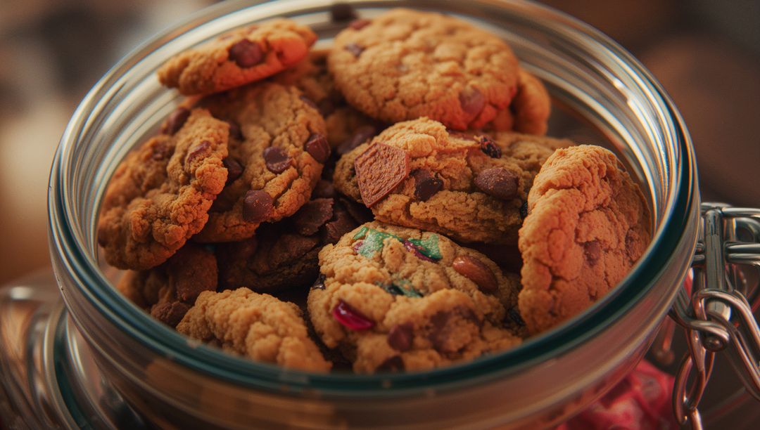Assorted Chocolate Chip and Candy Cookies in Glass Jar on Counter