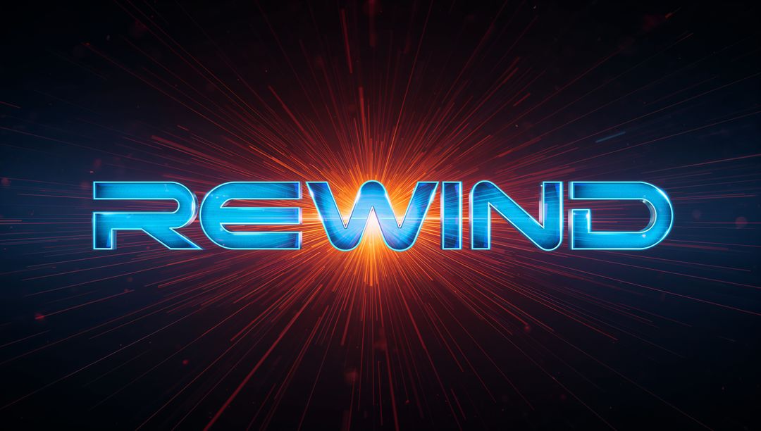 Neon REWIND 3D Retro-Futuristic Wordmark with Orange Energy Burst and Space Backdrop