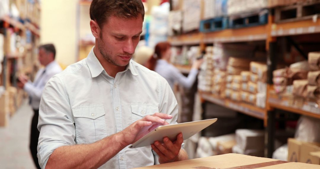 Warehouse Manager Using Tablet to Streamline Operations - Free Images, Stock Photos and Pictures on Pikwizard.com