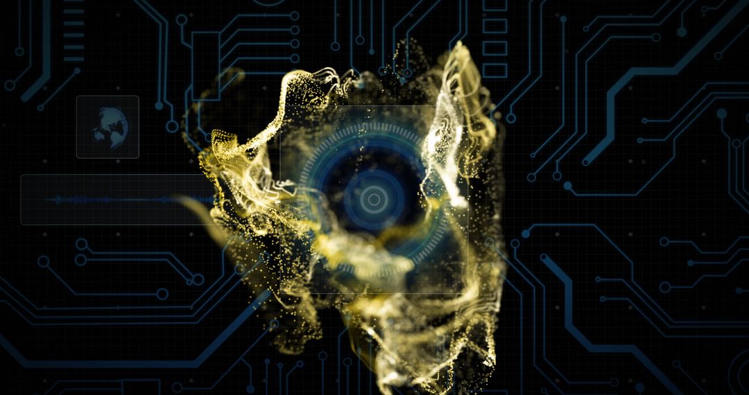 Futuristic Circuit Board with Golden Particle Swirl