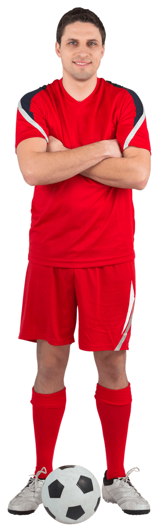 Confident Soccer Player in Red Kit Standing Transparent Background