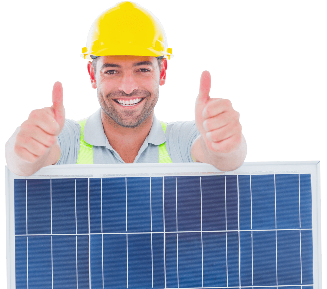Transparent Smiling Worker with Solar Panel Gesturing Thumbs Up