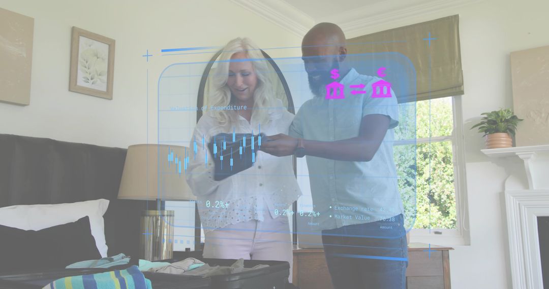 Couple Packing Suitcase Using Tablet with Augmented Reality Travel Planning Overlay