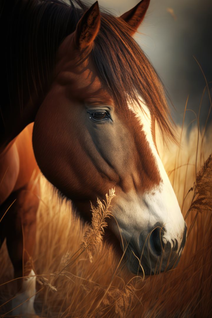 Close up of brown and white horse standing in field, created using generative ai technology - Free Images, Stock Photos and Pictures on Pikwizard.com