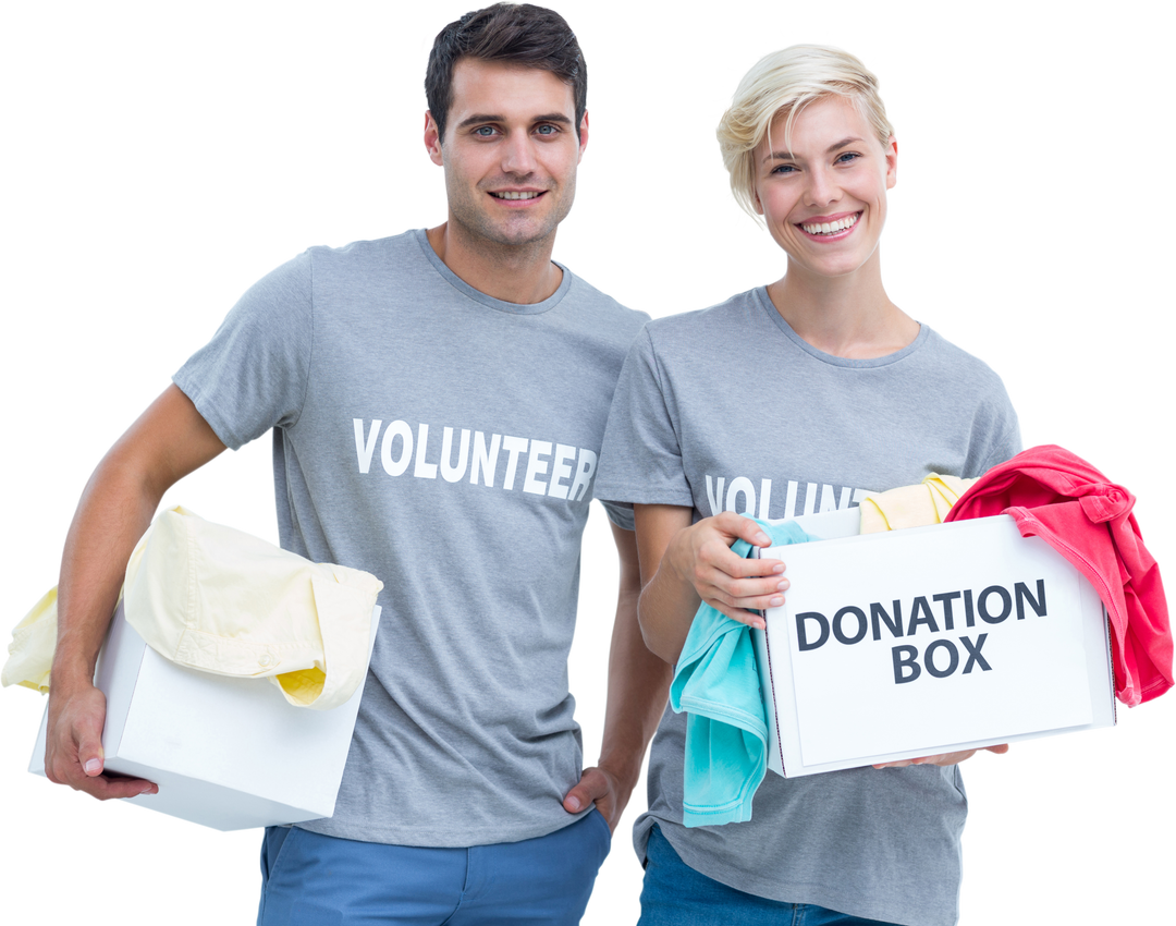 Thumbnail of couple holding donation boxes with clothing, on transparent background - Download Free Stock Images Pikwizard.com