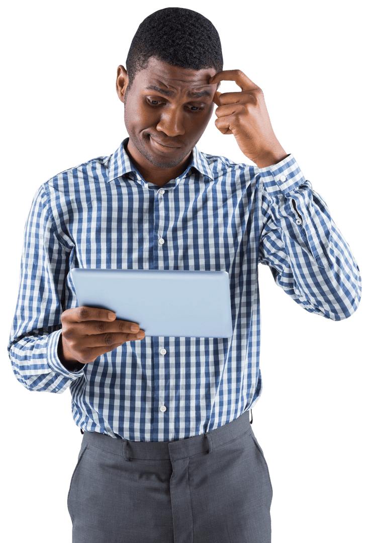 Confused Young Businessman Scratching Head Holding Tablet Transparent Background