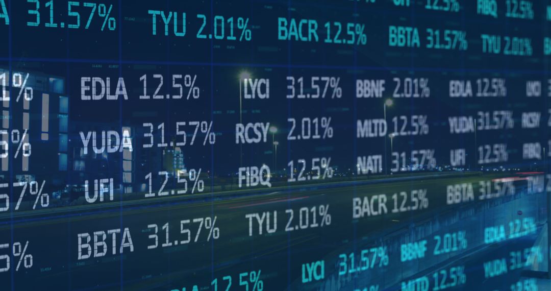 Financial Data Displayed on Digital Interface With Cityscape Background