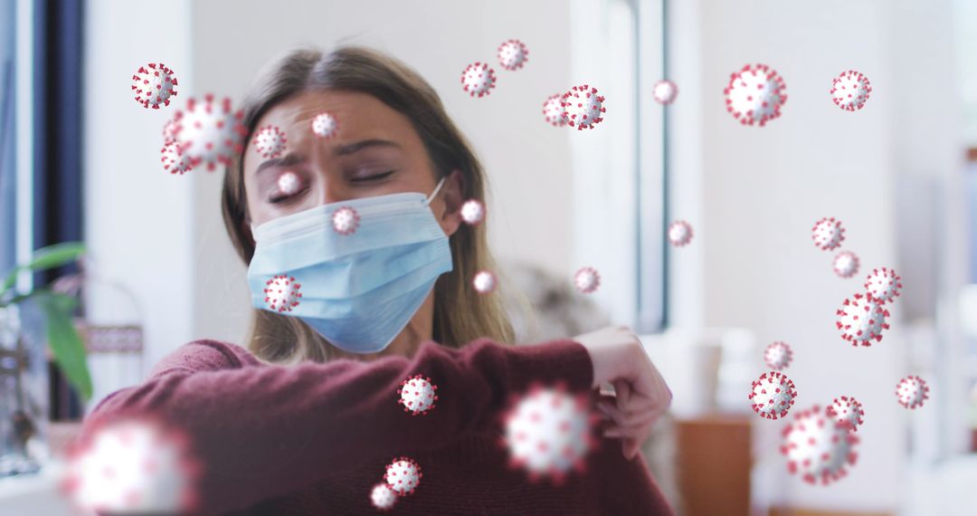 Woman Coughing in Office with Mask and Virus Overlays