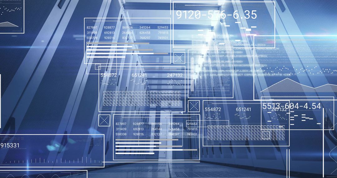 Futuristic Data Center with Digital HUD Overlays in Tech Hall