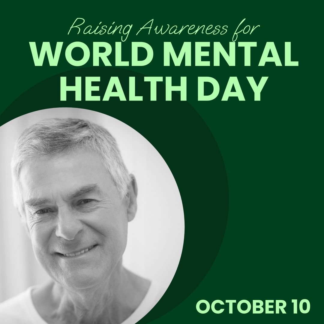 Composite of world mental health day text over smiling senior caucasian man - Download Free Stock Templates Pikwizard.com