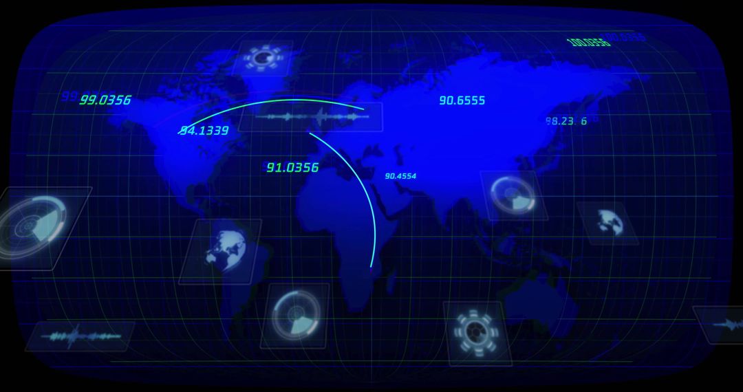 Futuristic Data Analysis Interface with World Map and Numeric Insights