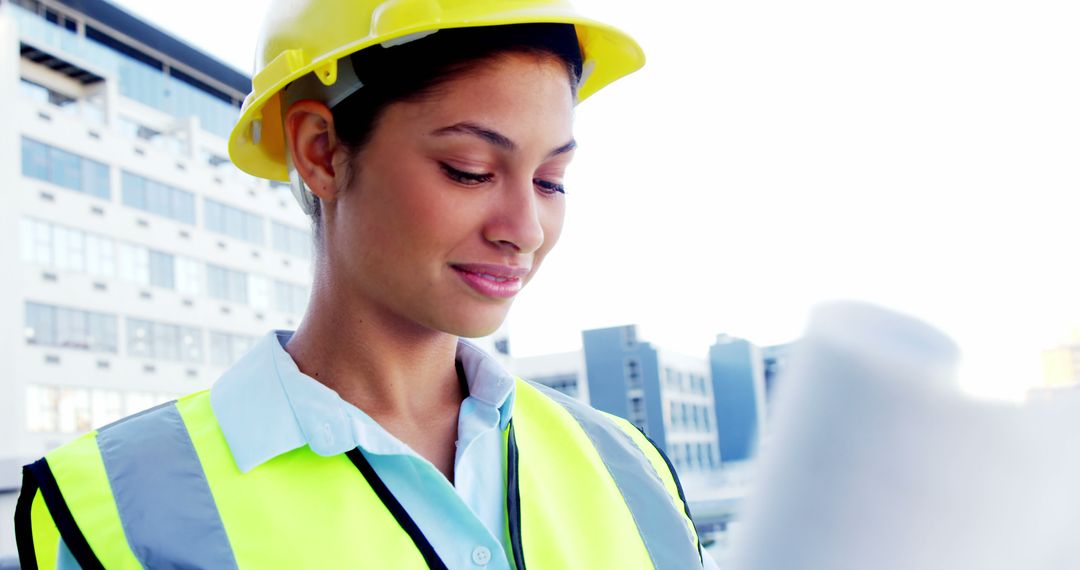 Female Architect in Safety Gear Review Building Plans on Construction Site - Free Images, Stock Photos and Pictures on Pikwizard.com