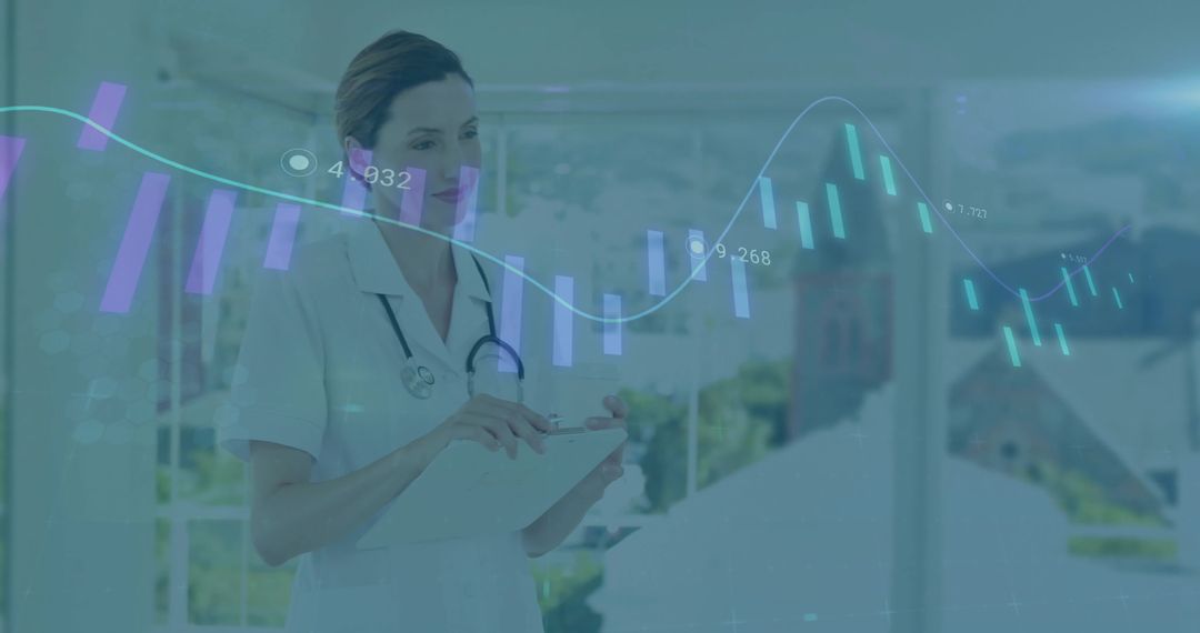 Clinician Holding Clipboard with Digital Data Chart Overlay