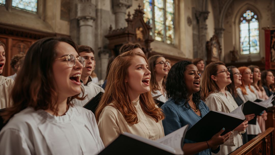 Young Mixed Choir Singing in Gothic Cathedral Choir Stalls Holding Black Music Folders