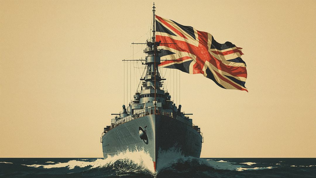 Majestic warship navigating open ocean with british empire flag