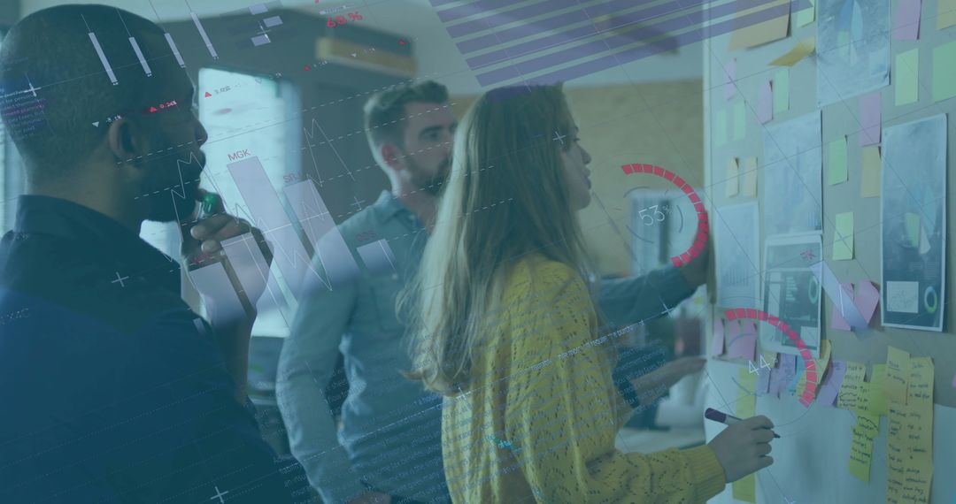 Team Collaborating with Sticky Notes and Digital Data Overlays