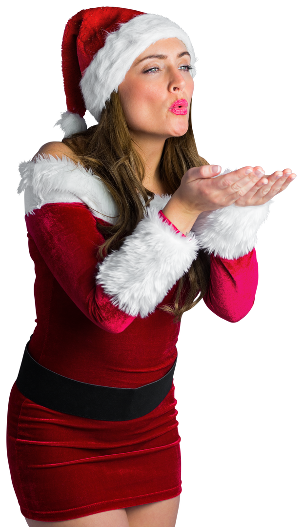 Woman in Santa costume blowing kiss in transparent background - Download Free Stock Images Pikwizard.com