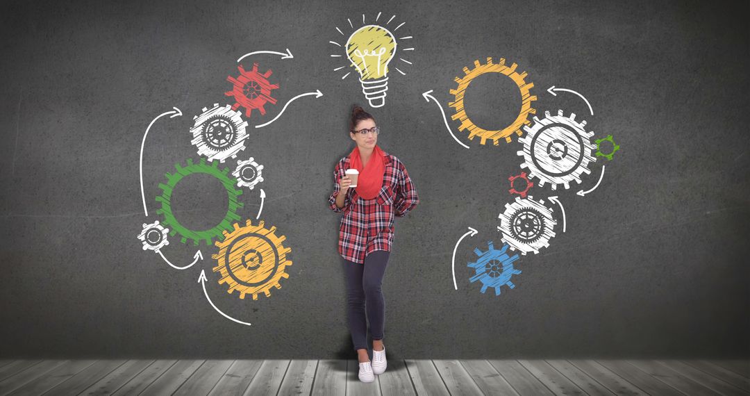 Creative Woman Holding a Red Book with Gears and Lightbulb on Chalkboard - Free Images, Stock Photos and Pictures on Pikwizard.com