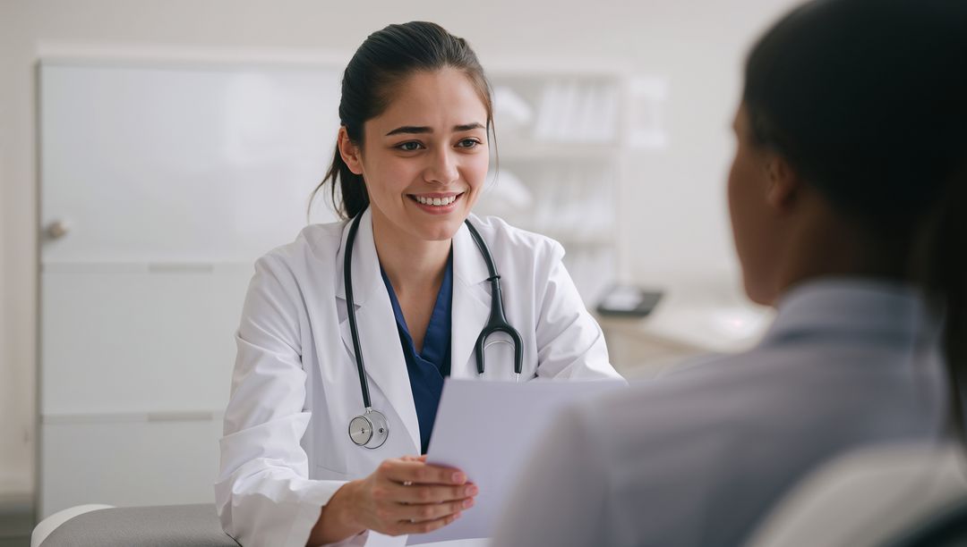 Smiling Doctor Reviewing Chart in Medical Office Consultation