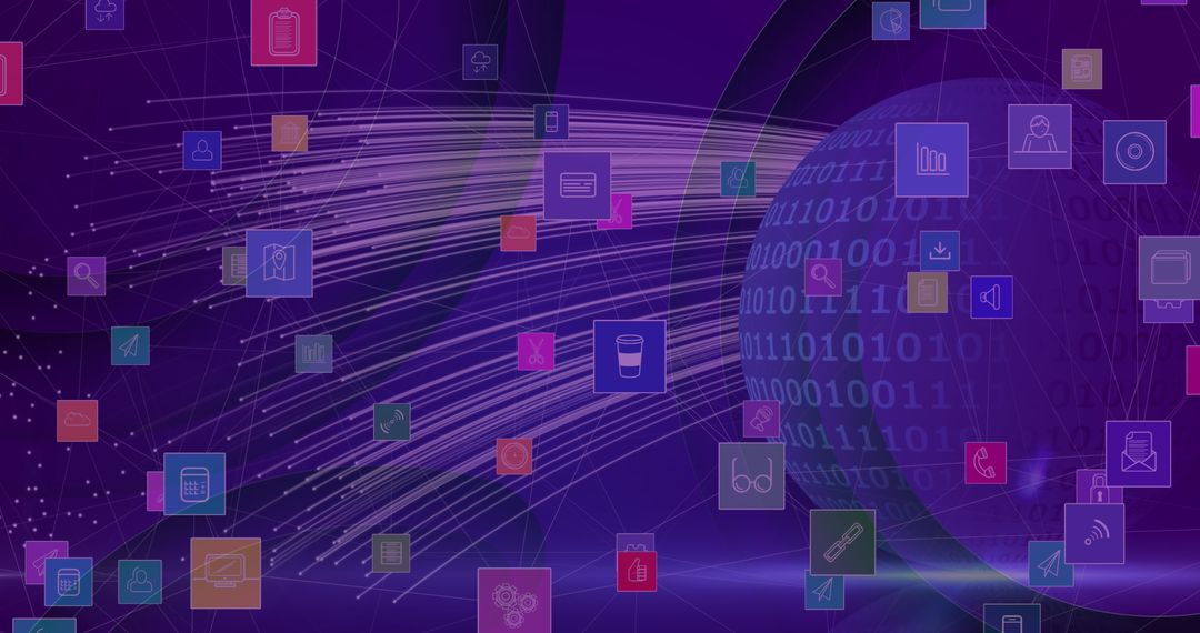 Global Technology Connections with Digital Icon Overlay on Purple Background