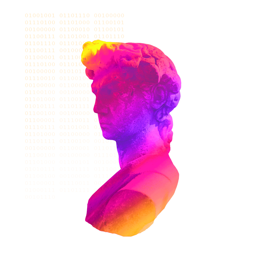 Vivid Neon Statue with Digital Binary on Transparent Background