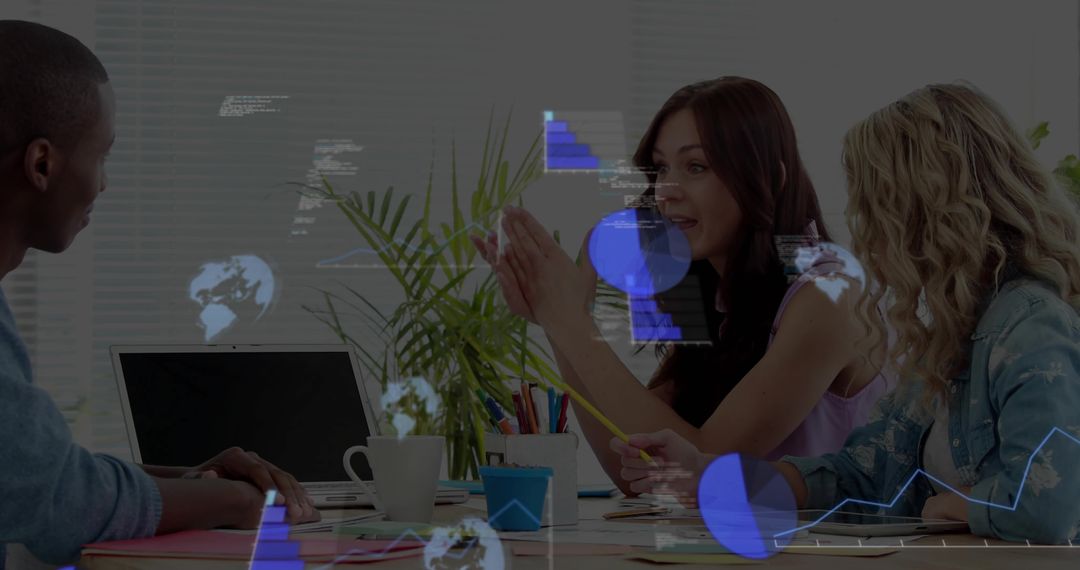 Female Leading Data-Driven Brainstorming with Holographic Charts in Bright Boardroom