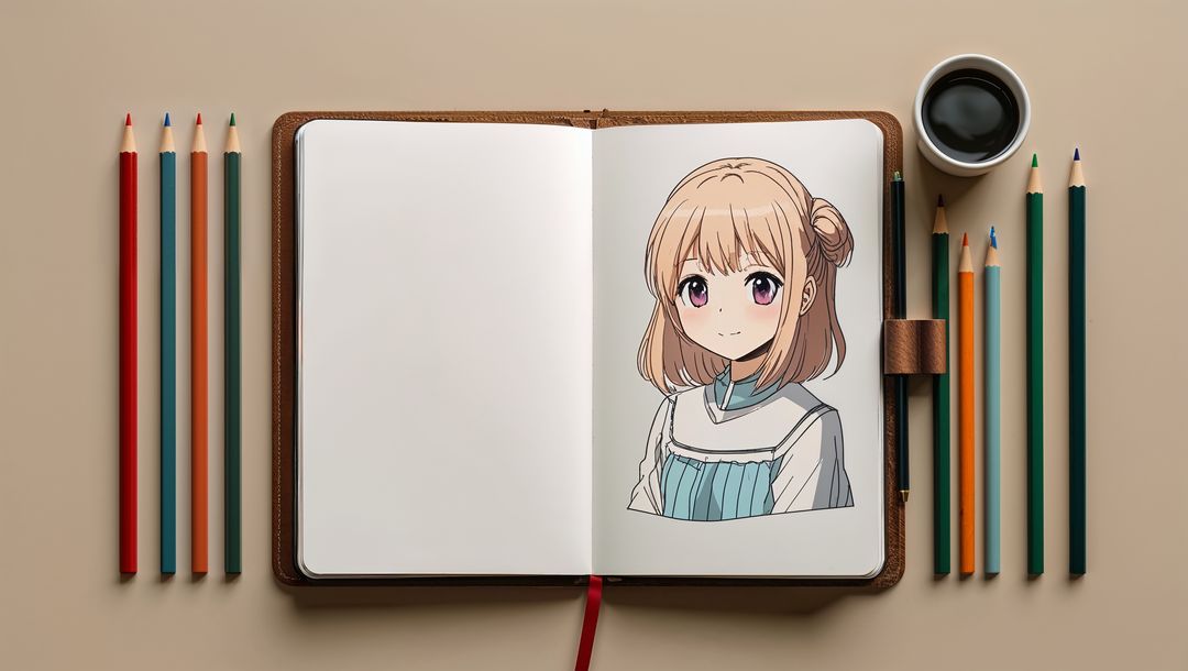 Anime Sketch Open Notebook with Colored Pencils and Coffee Cup