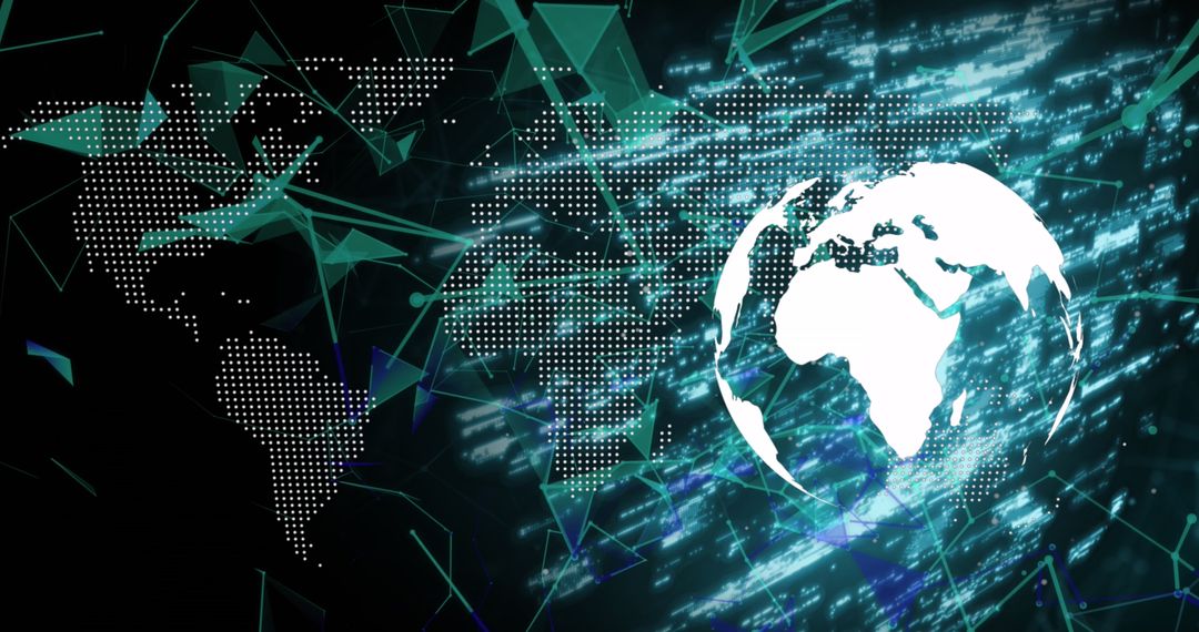 Abstract Digital World Map with Geometric Shapes and Glowing Lines