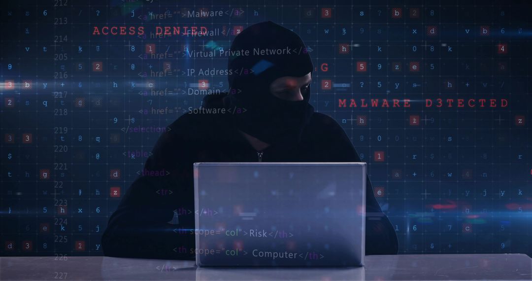 Hacker in Balaclava at Laptop Engaged in Cyberattack Activities