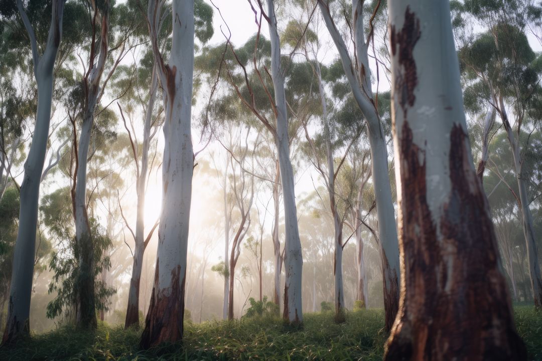 Sunlight filters through eucalyptus trees in a misty forest - Free Images, Stock Photos and Pictures on Pikwizard.com