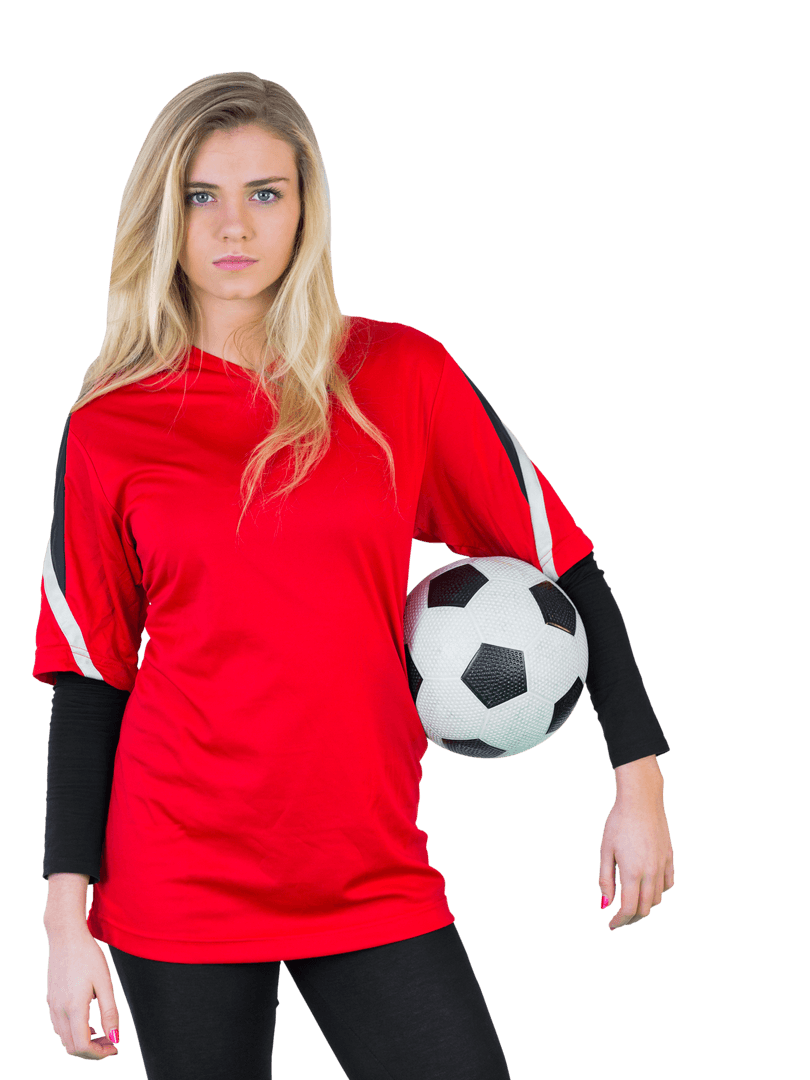 Confident Female Soccer Fan in Red Jersey on Transparent Background
