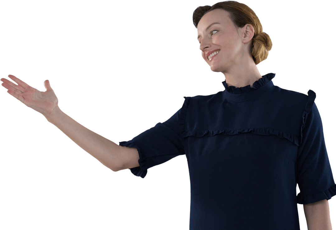 Smiling Woman Using Invisible Interface Isolated on Transparent Background