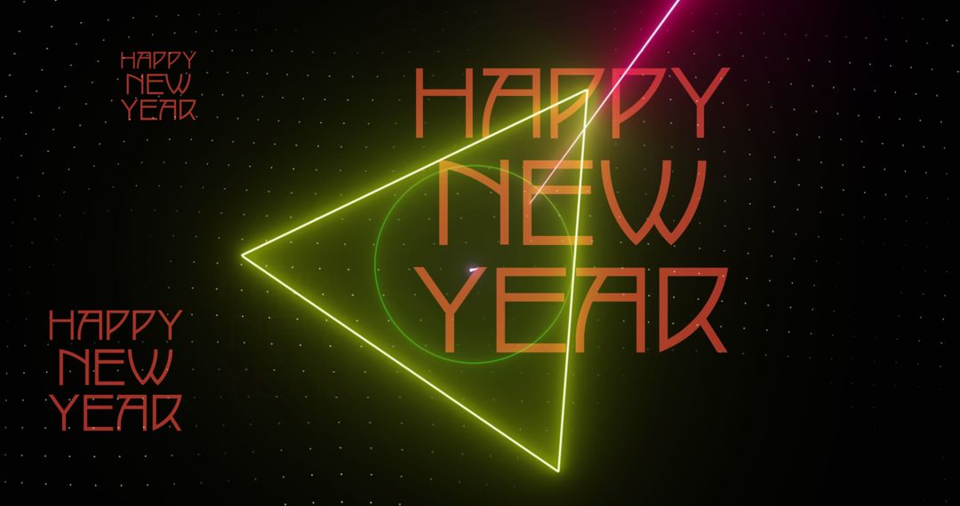 Happy New Year Red Text with Neon Shapes on Black Background