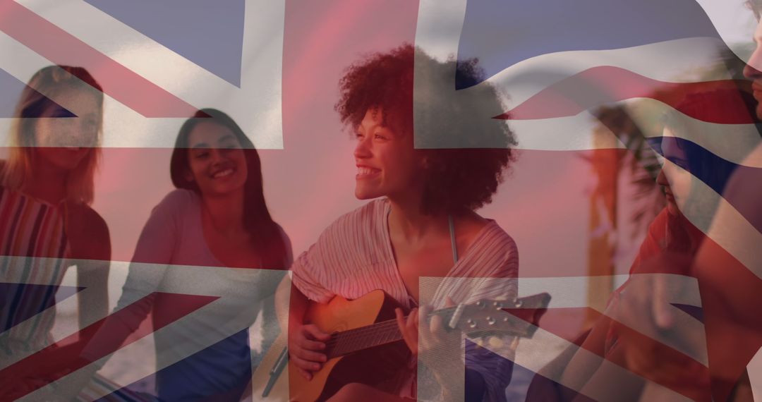 Diverse Friends Enjoying Sunset Beach with Guitar and British Flag Overlay - Free Images, Stock Photos and Pictures on Pikwizard.com