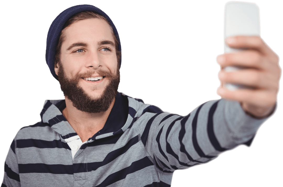 Happy Bearded Man Taking Selfie Wearing Striped Hoodie, Transparent Background