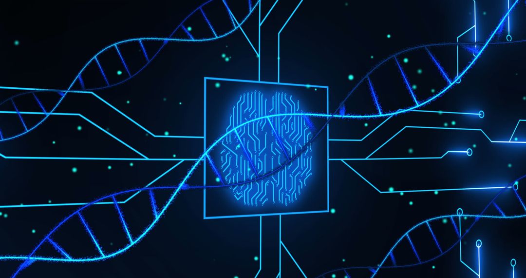 Digital Brain and DNA Strands on Sci-Fi Interface Background