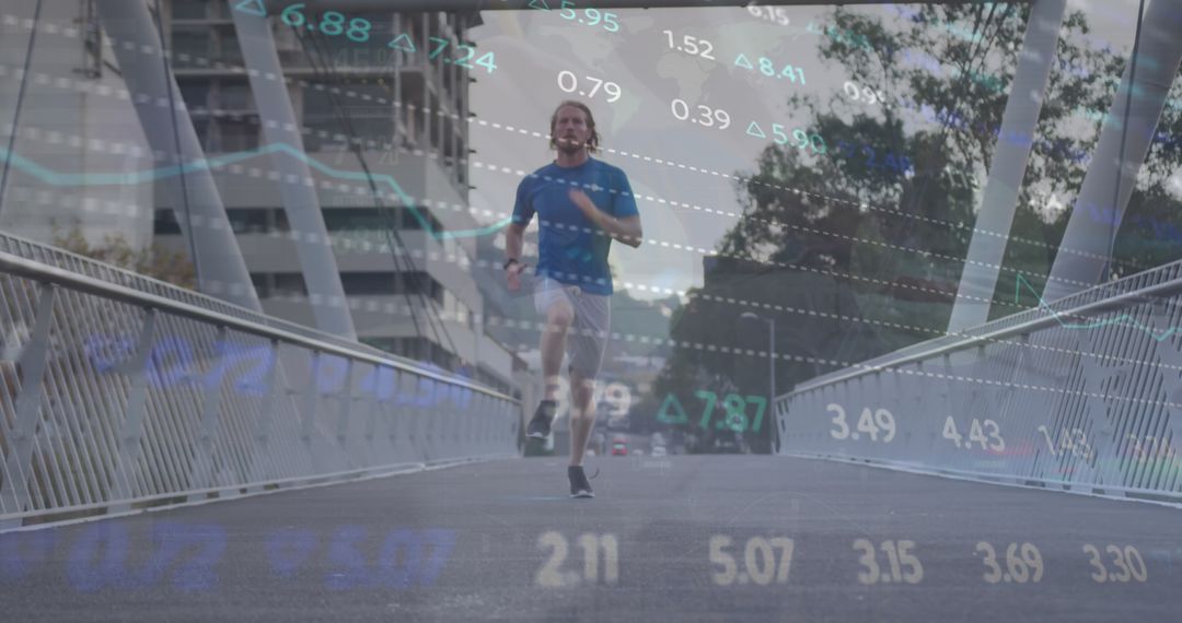 Man Jogging with Digital Finance Overlay Illustrating Connectivity