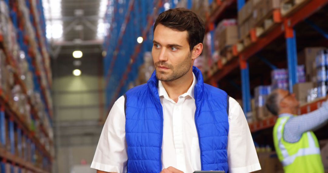 Warehouse Manager in Blue Vest Supervising Inventory - Free Images, Stock Photos and Pictures on Pikwizard.com