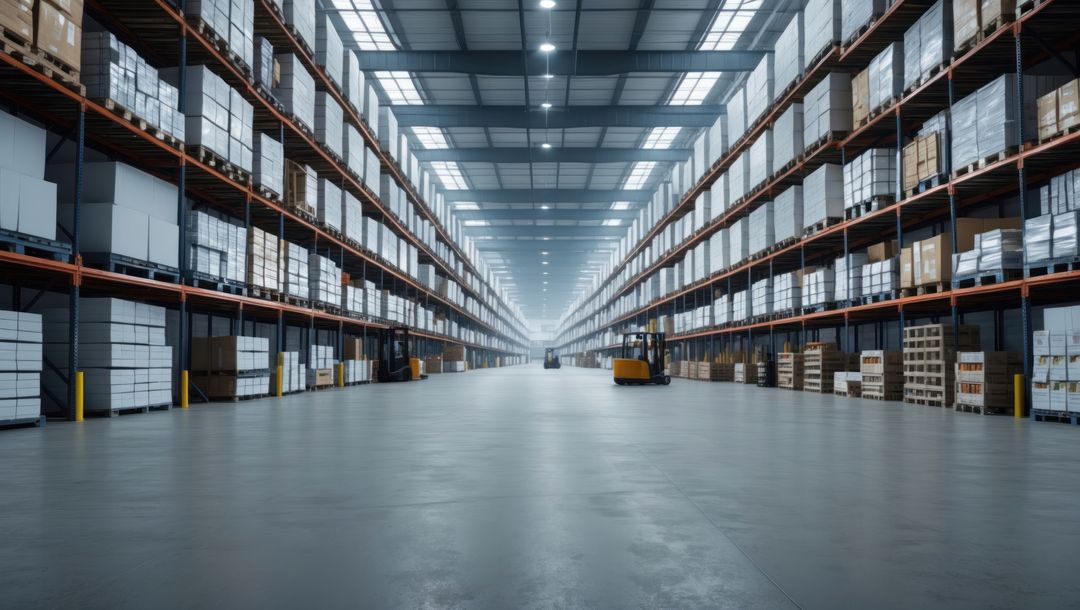 Expansive Warehouse Aisle with Pallet Racking and Forklifts