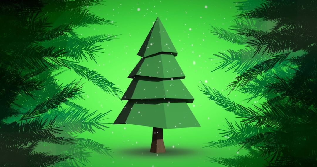 Geometric Fir Tree with Falling Snow Over Green Backdrop