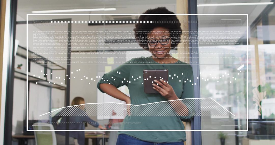 Businesswoman Interacting with Futuristic Data Graphics on Tablet