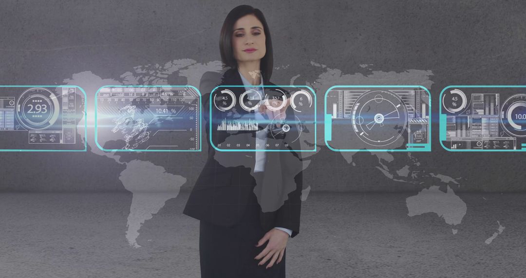 Businesswoman Engaging with Futuristic Data Interfaces, World Map Behind