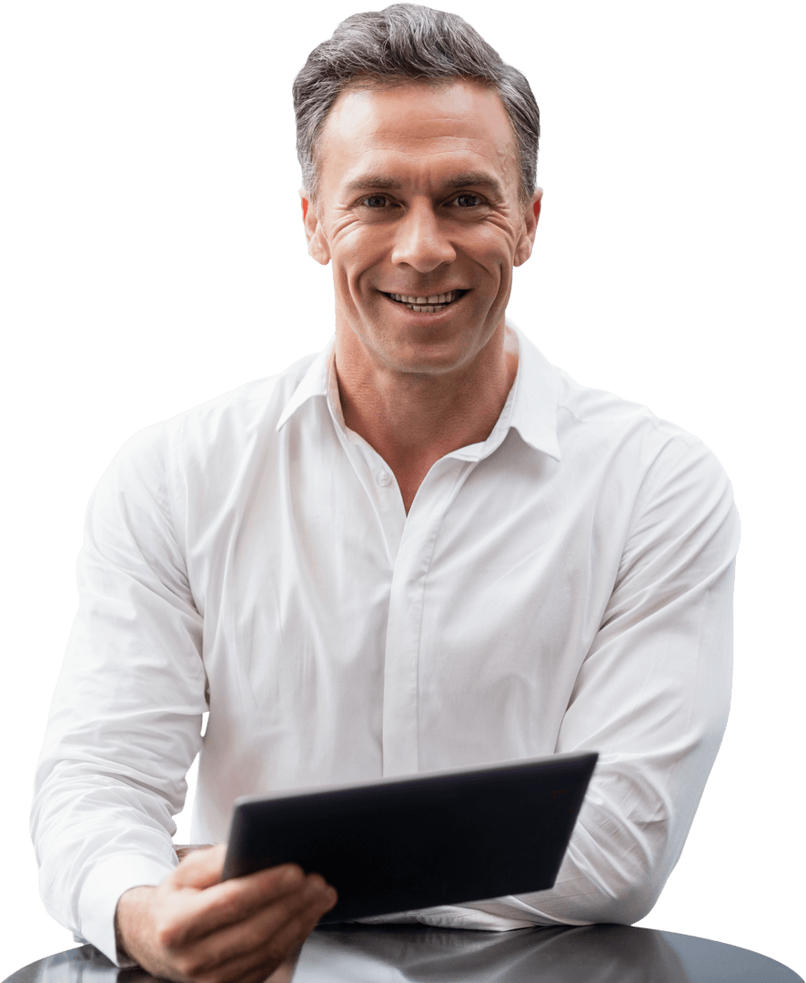 Transparent Smiling Businessman Holding Digital Tablet