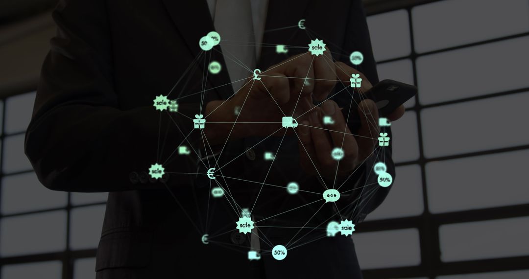 Businessman Using Smartphone with Interactive Digital Graphics
