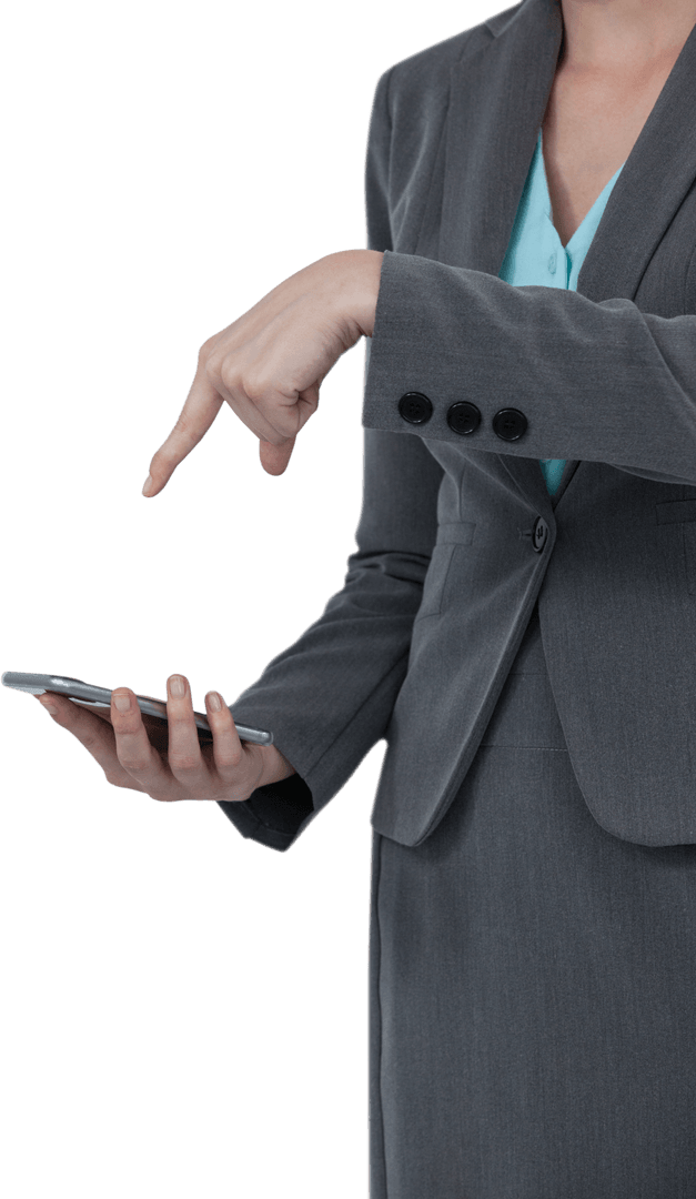 Businesswoman in Grey Suit Pointing at Transparent Smartphone Screen