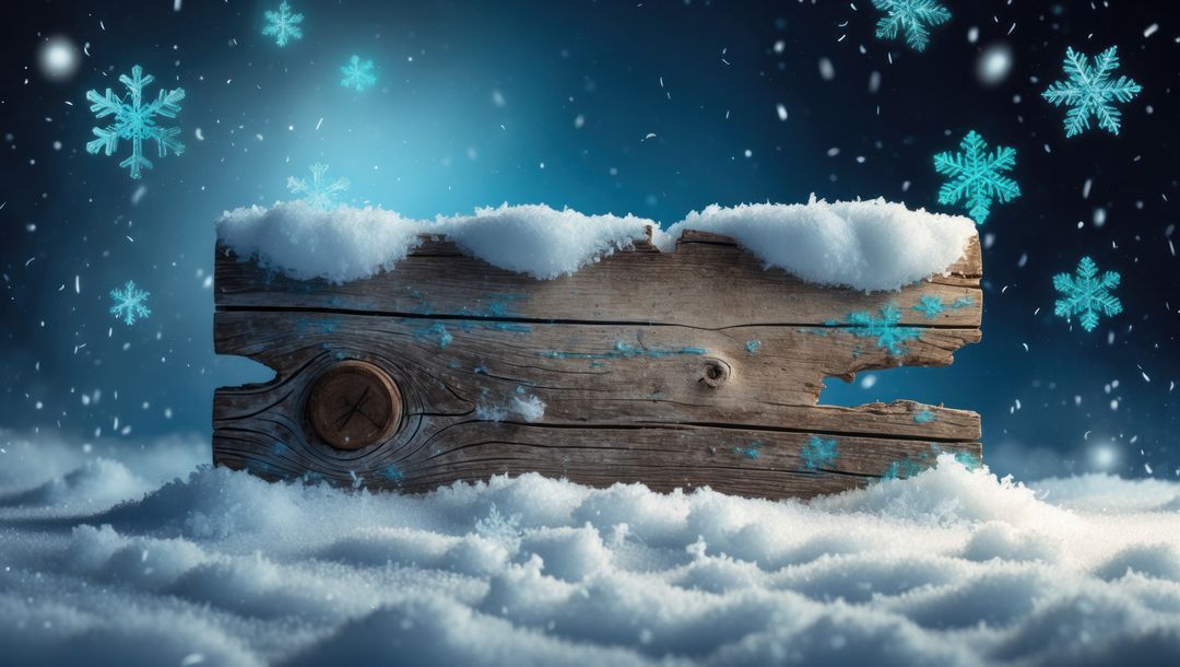 Old Wooden Plank in Snow with Blue Snowflakes