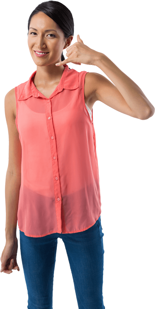 Confident Woman Gesturing Call in Transparent Outfit