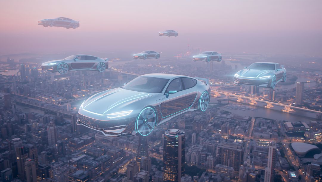 Futuristic Hover Cars Gliding Above City Skyline at Dusk